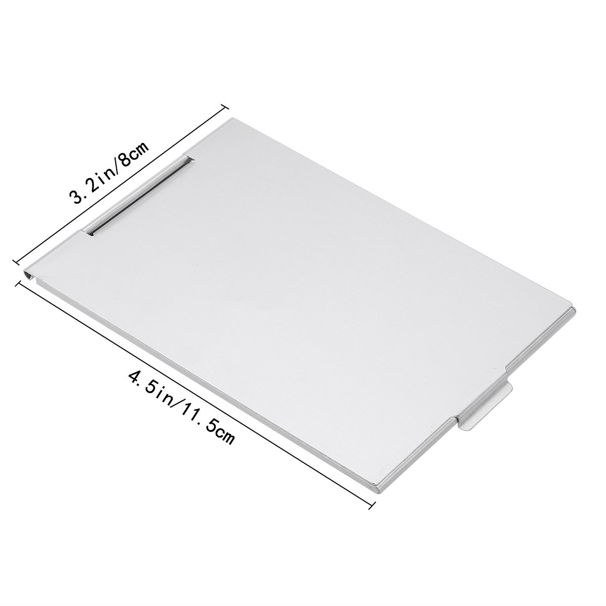 Ein weißer rechteckiger Spiegel mit den Abmessungen 3,2 Zoll/8 cm und 4,5 Zoll/11,5 cm auf einer hellen Oberfläche.