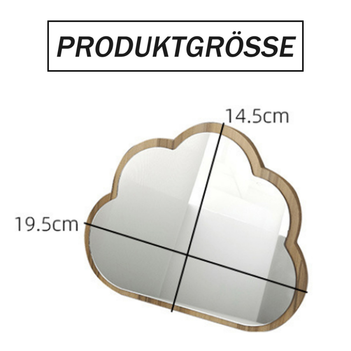 Wolkenförmiger Spiegel mit Holzrahmen. Maße: 19,5 cm x 14,5 cm, Text Produktgröße oben.