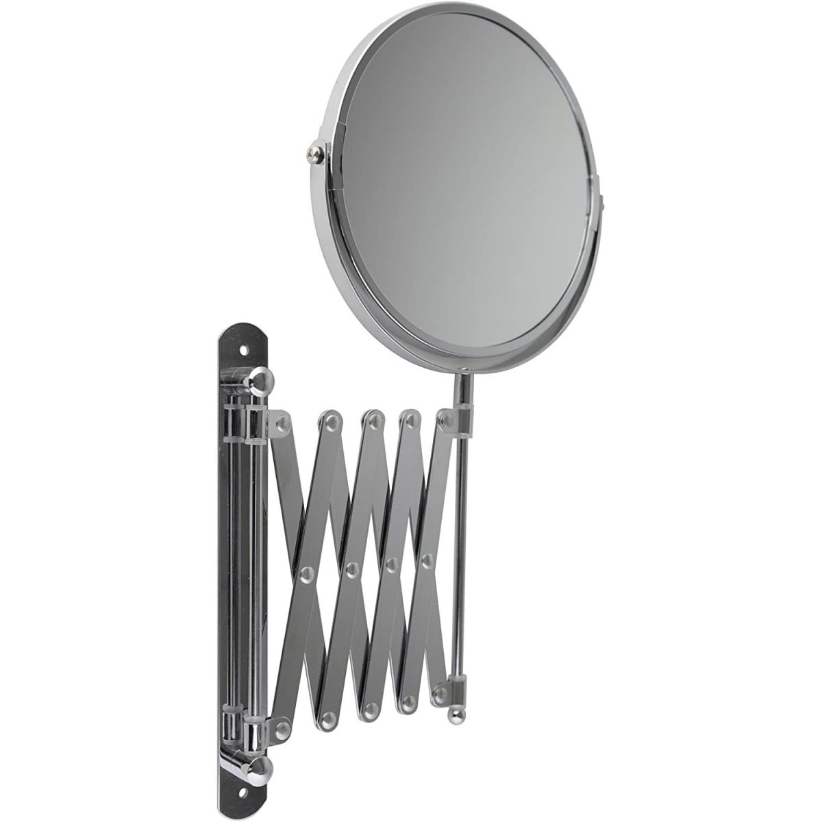 Ein runder, silberner, ausziehbarer Spiegel an einer Wand. Es hat ein Chrom-Finish.