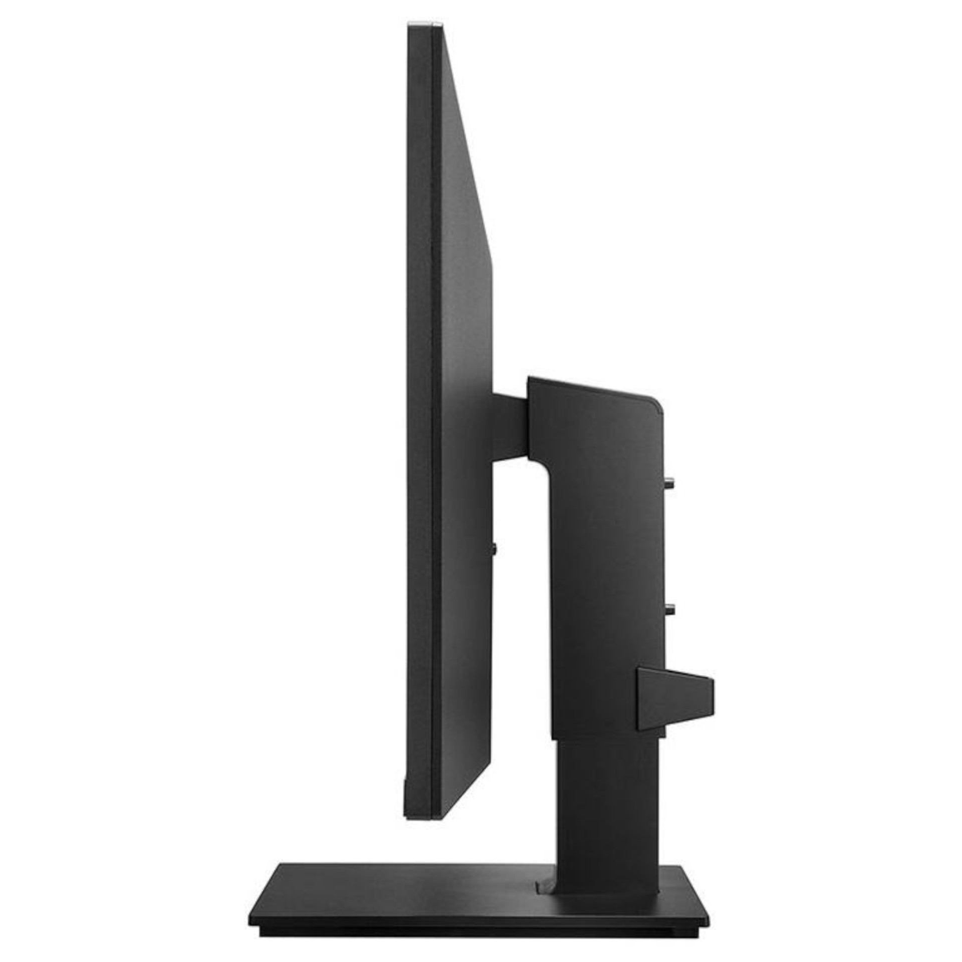 Widok z boku czarnego monitora komputera. Jest na stojaku. Białe tło.