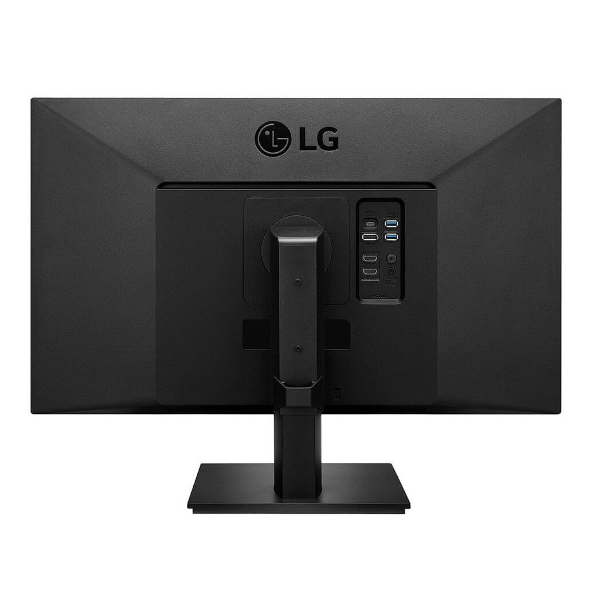 Tył czarnego monitora LG. Złącza, podstawka i logo LG.