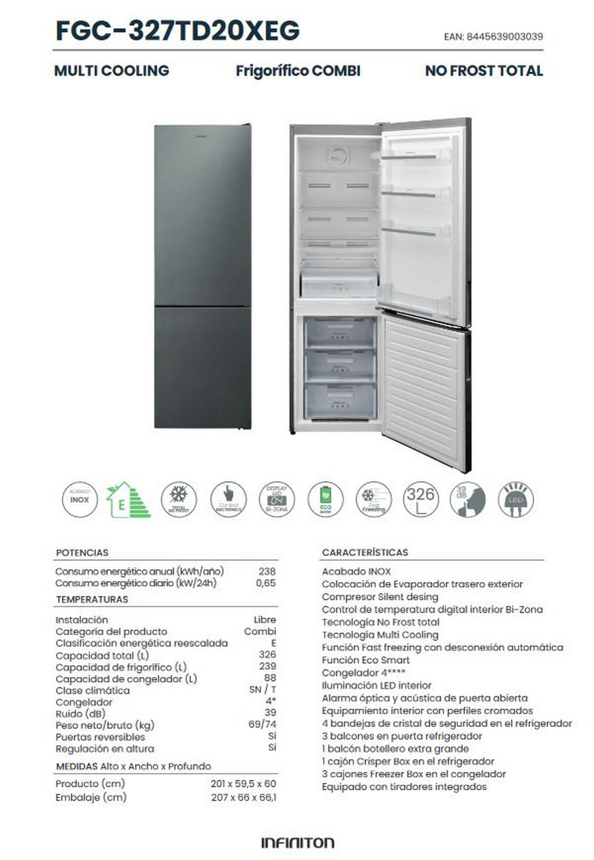 Un refrigerador con la puerta abierta, mostrando compartimentos llenos de alimentos y la etiqueta de eficiencia energética.