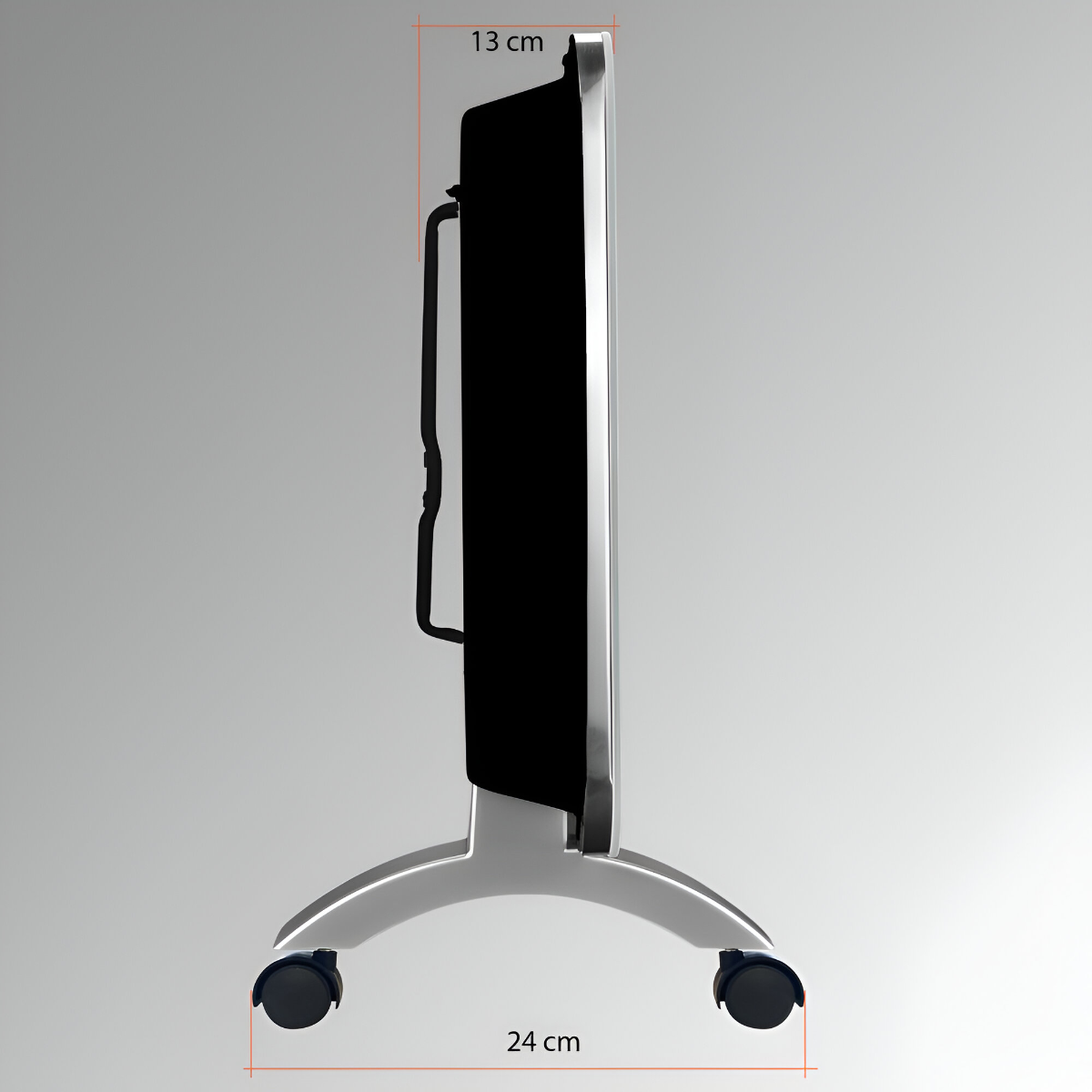 Vista lateral de un calefactor con ruedas. Medidas muestran dimensiones: 13 cm profundo y 24 cm ancho.