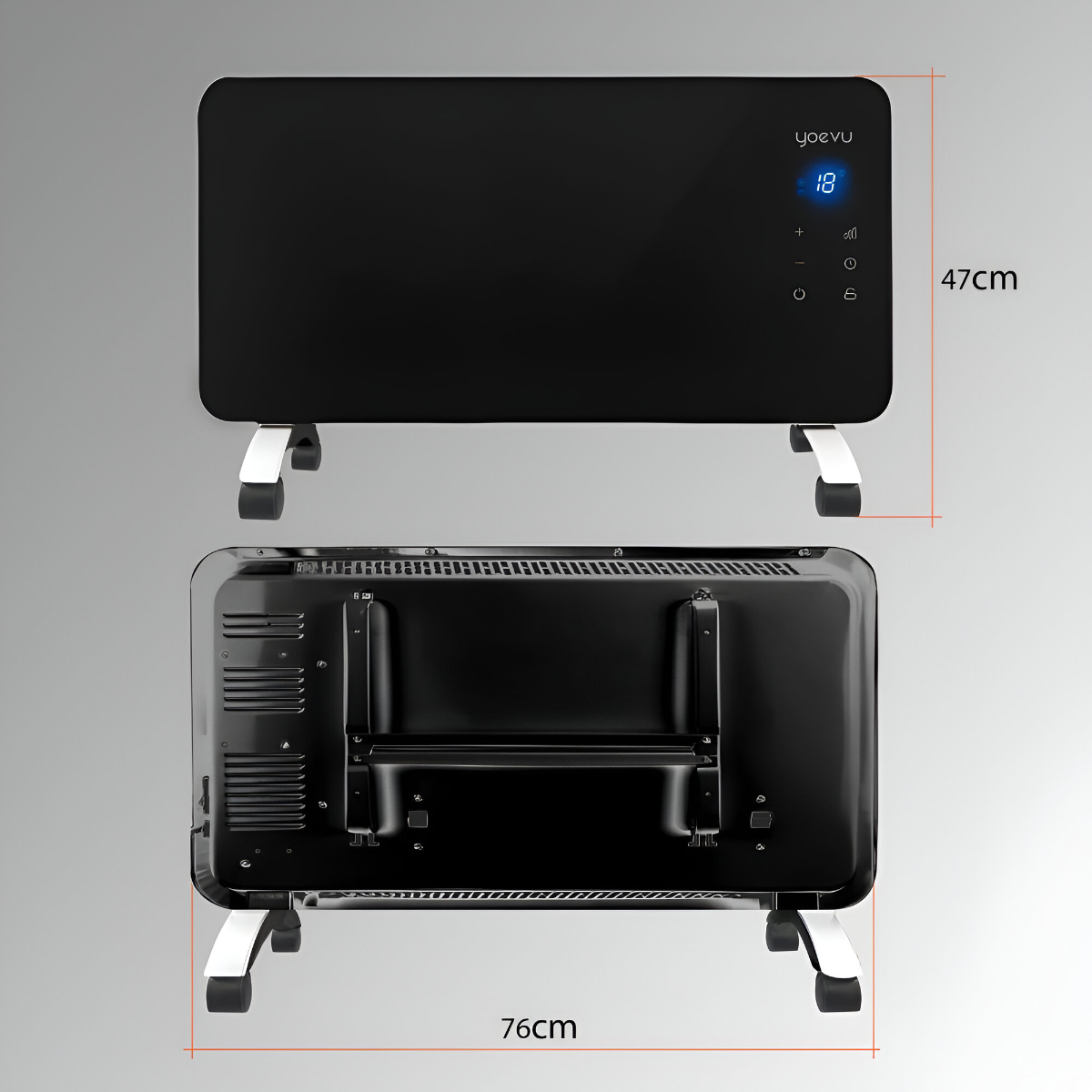 Calentador eléctrico negro con dimensiones. Vistas frontal y trasera con dimensiones de 47 cm y 76 cm visibles.