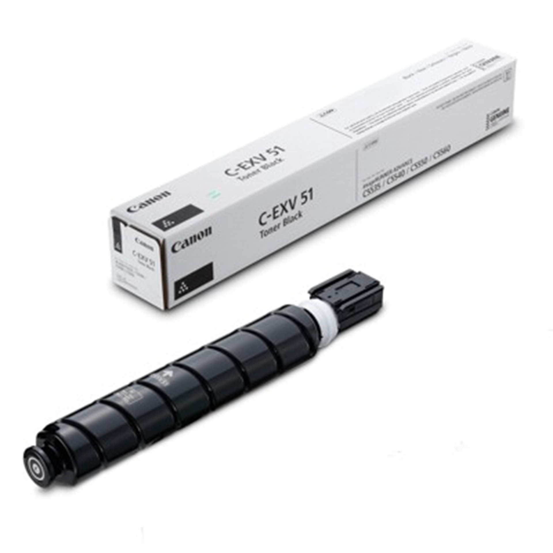 Czarny toner Canon C-EXV 51 i jego pudełko na białym tle. Toner jest cylindryczny.