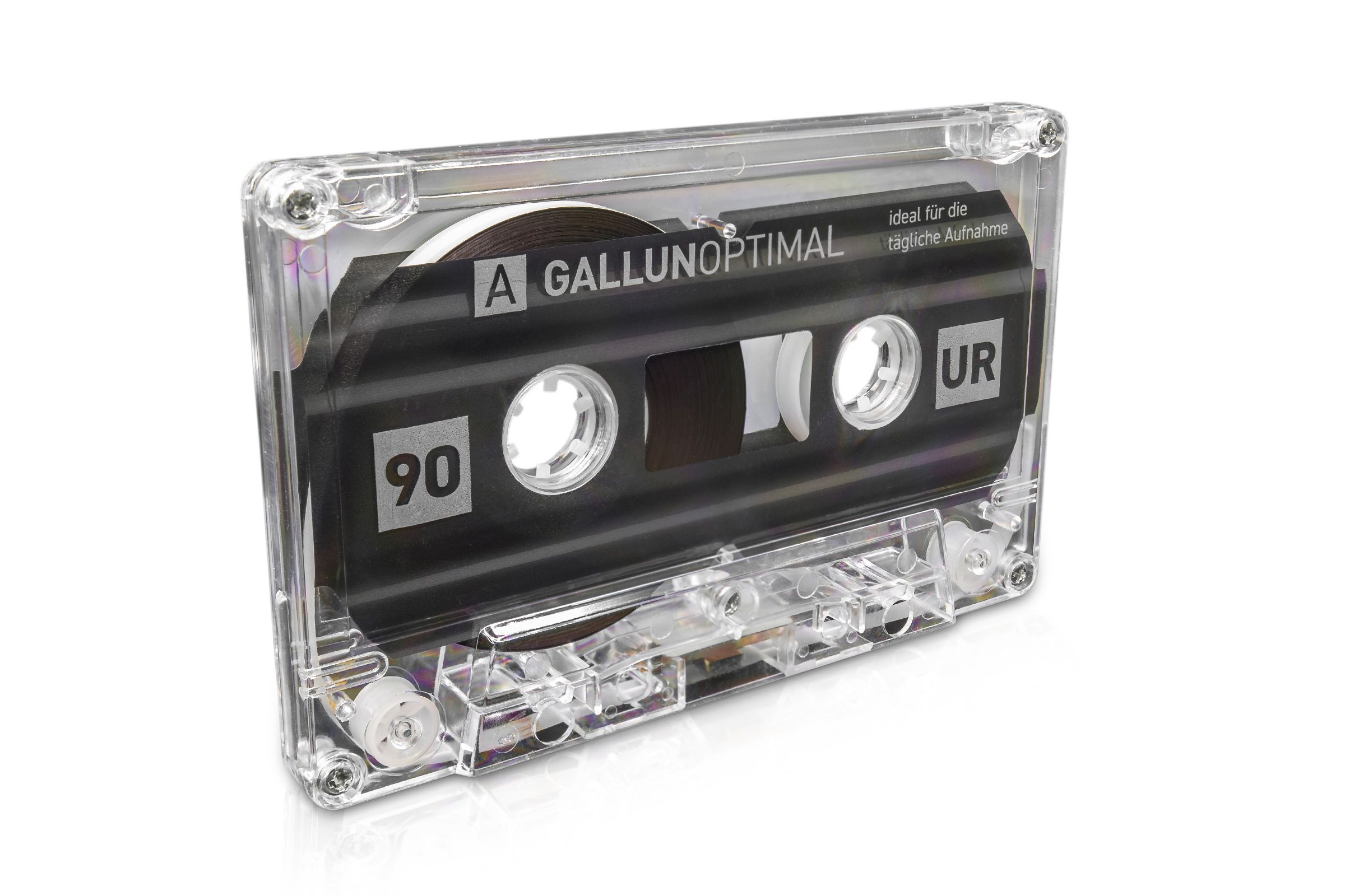 Transparente Kassette mit schwarzem Band, beschriftet mit 'GALLUNOPTIMAL' und '90'.