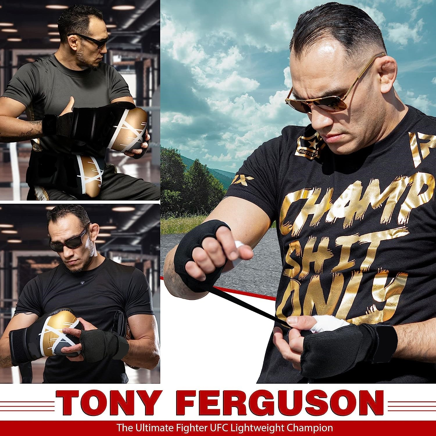 Tony Ferguson, a fighter, wearing boxing gloves and wraps with text overlay.