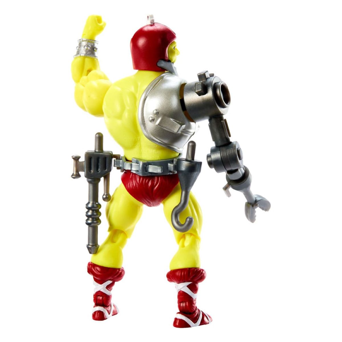 Żółta figurka z czerwonym hełmem, szortami i butami. Ma metalowe ramię i hak.