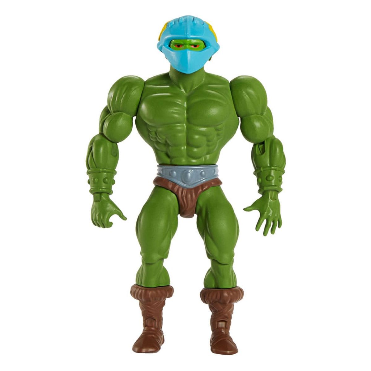 Action figure verde con maschera e casco blu. Ha stivali marroni e una cintura.