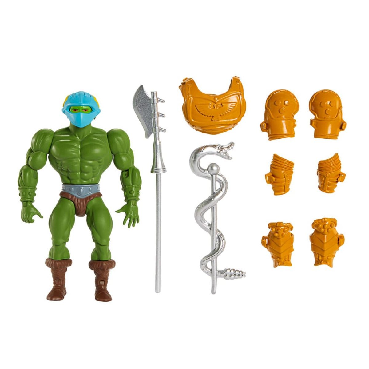 Action figure verde con accessori su sfondo bianco.