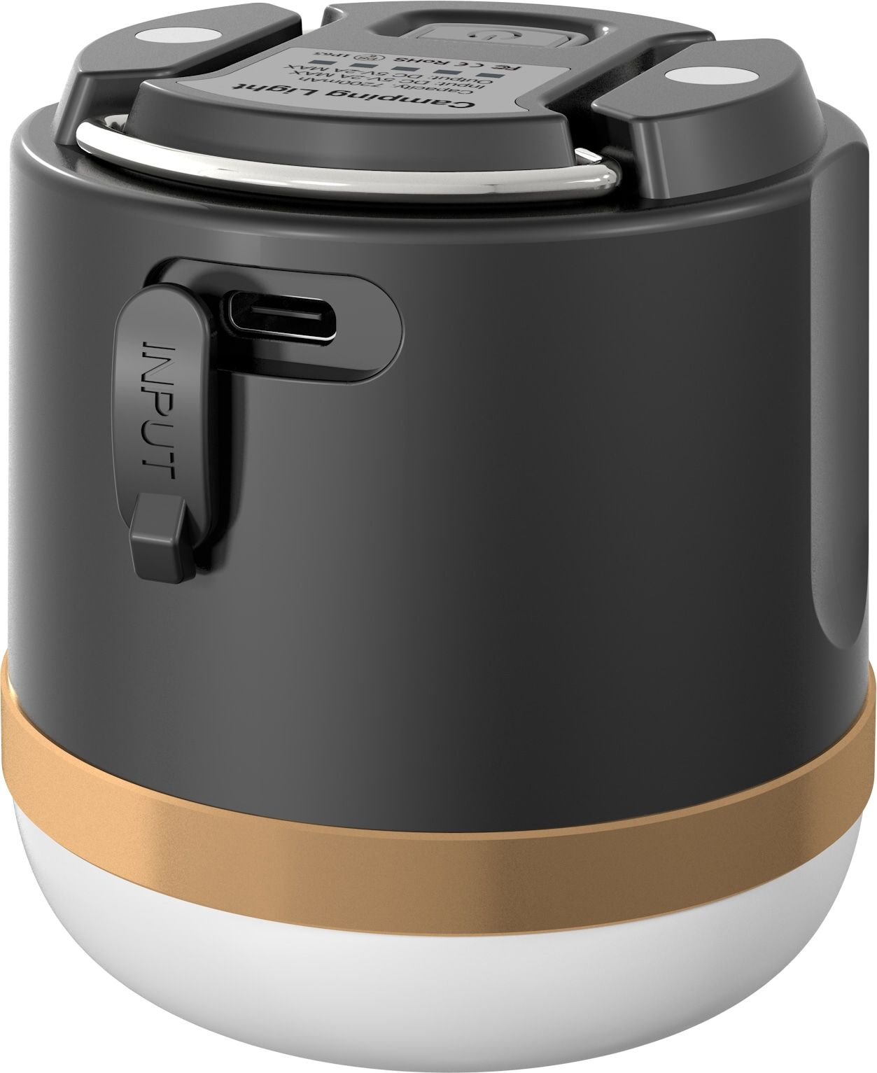 Eine schwarz-goldene Campinglampe mit USB-Eingang und weißer Lichtaustrittsfläche.