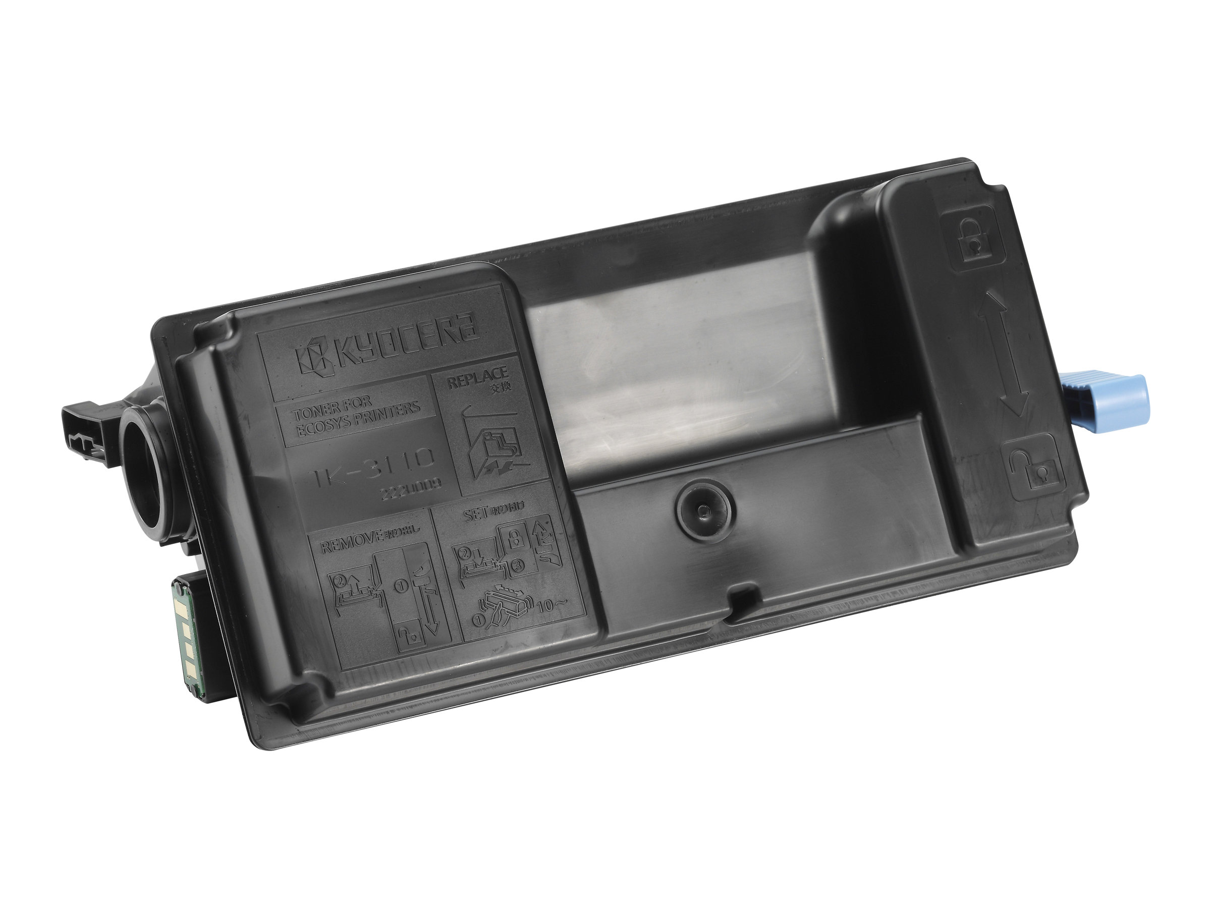 Cartuccia toner KYOCERA nera su una superficie bianca.