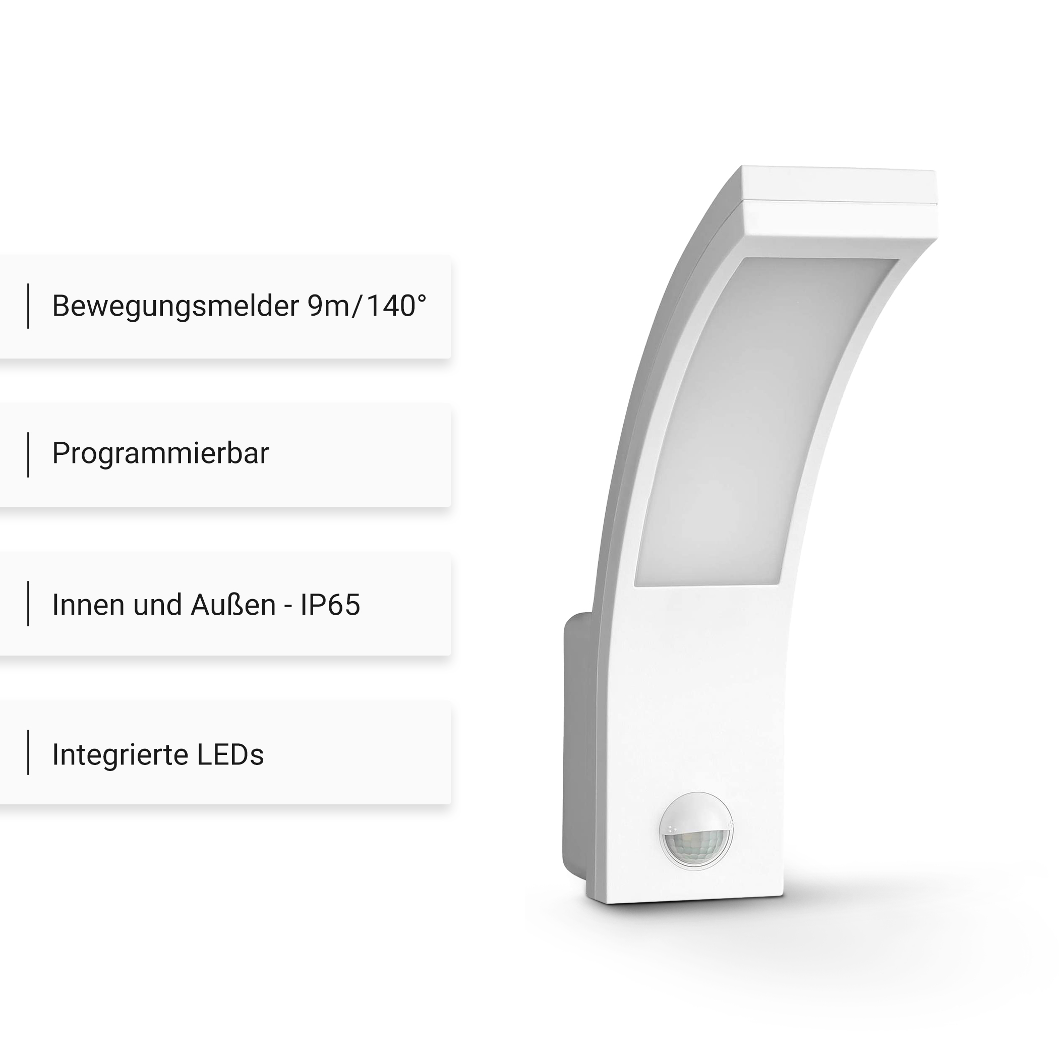 Weiße Außenleuchte mit Bewegungsmelder und Text: Programmierbar, IP65.