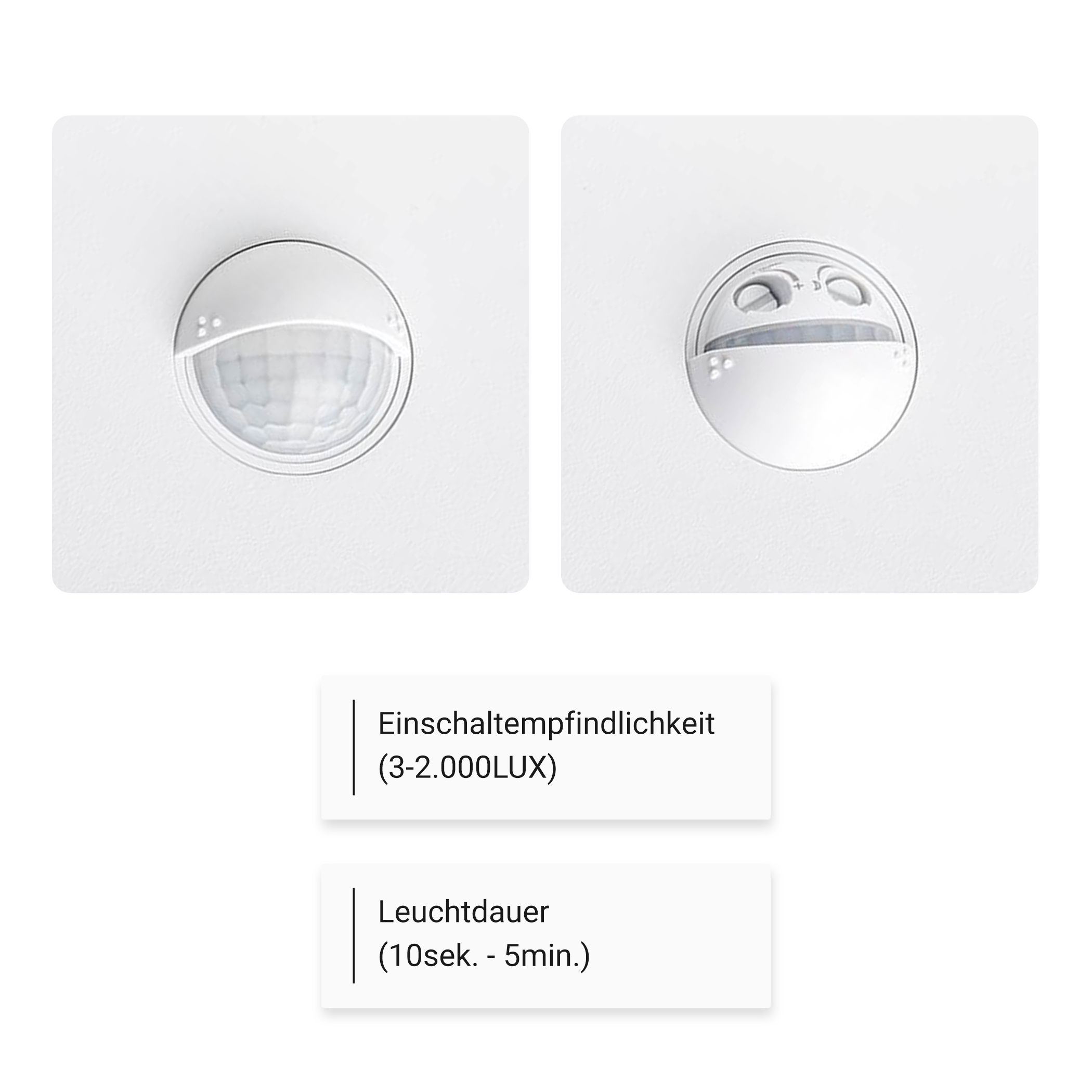 Zwei weiße Bewegungsmelder, mit Text zu Lichtempfindlichkeit und Dauereinstellungen.