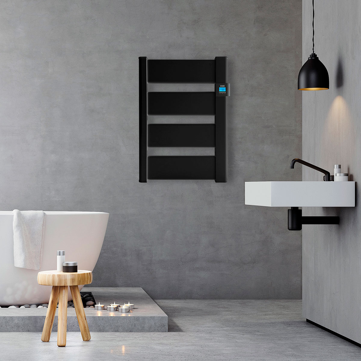 Toallero negro en pared gris. Lavabo con grifo y taburete de madera.