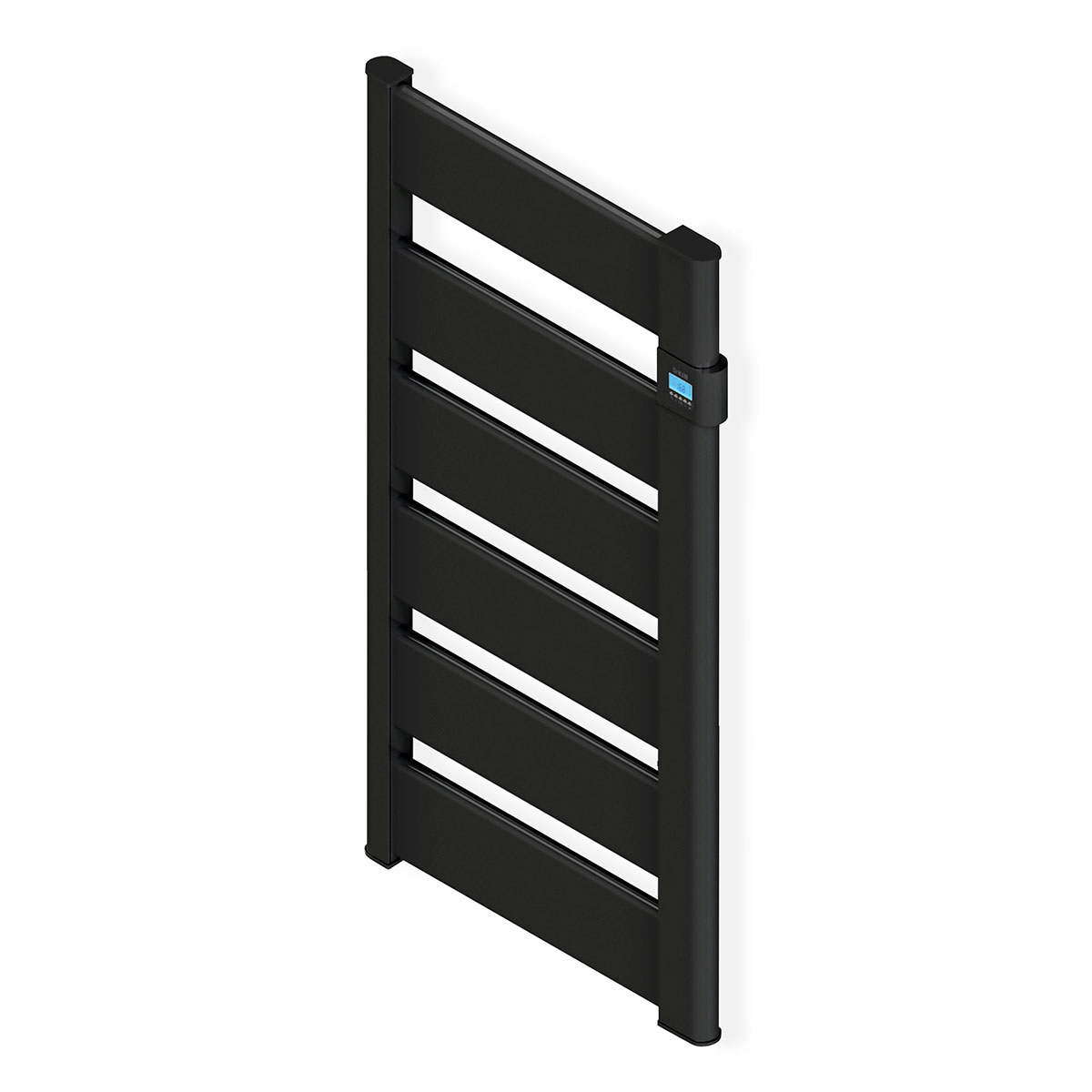 Radiador vertical negro con barras horizontales, que muestra una pantalla digital lateral.