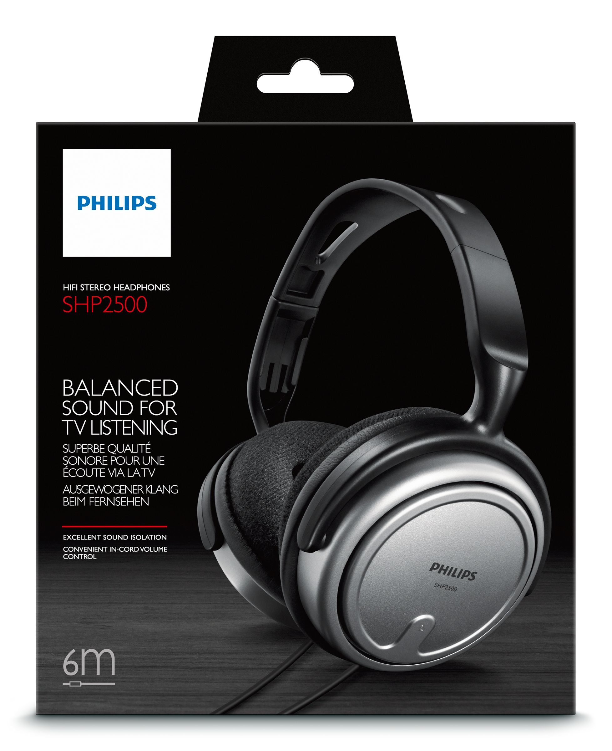Auriculares negros en caja con texto: 'Sonido balanceado', 'Auriculares estéreo HiFi'.