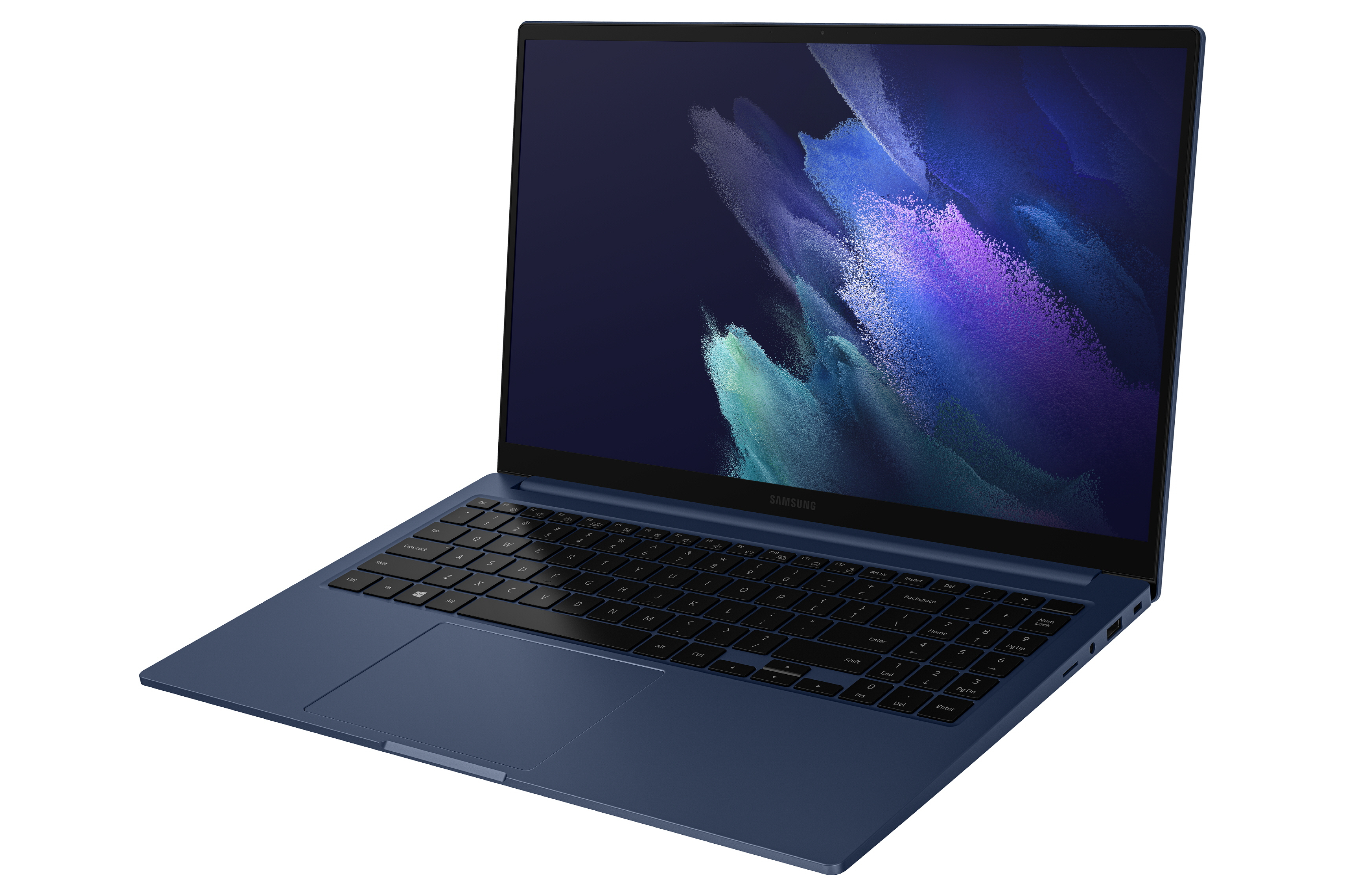 Un laptop blu con tastiera e schermo neri. Il marchio è Samsung. Su sfondo bianco.