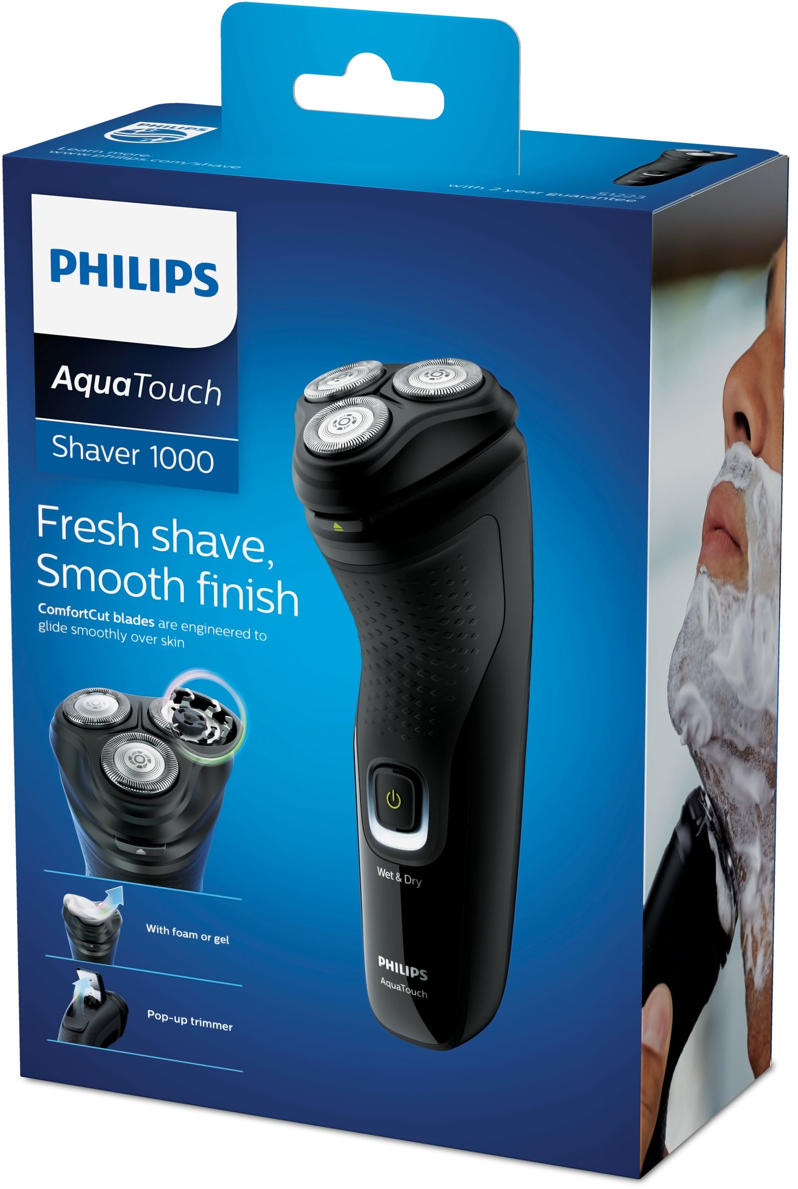 Philips AquaTouch Shaver 1000 kutusu. Siyah tıraş makinesi, özellikleri ve tıraş olan bir adam.