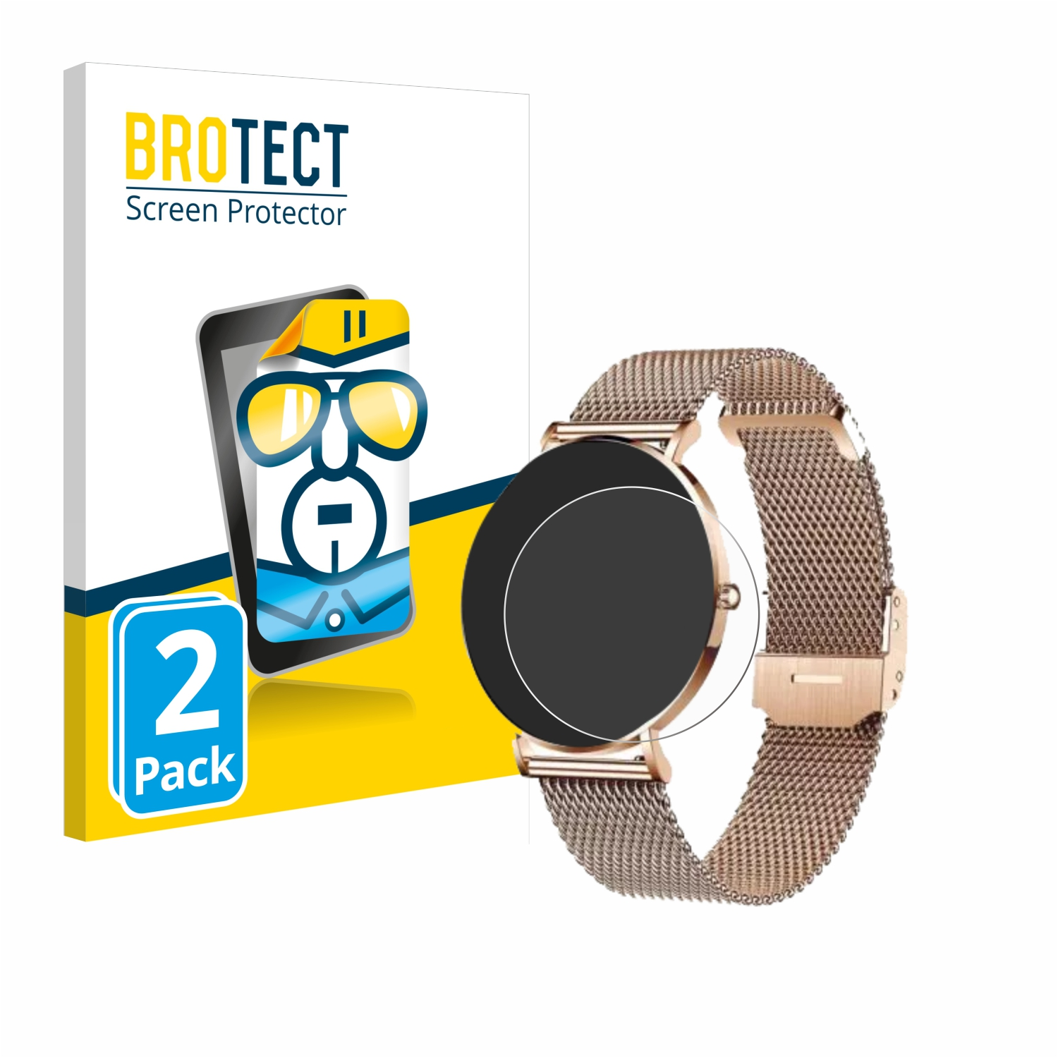 Eine goldene Uhr mit Mesh-Armband neben einer 2er-Pack-Displayschutzbox. Die Box ist weiß und blau.