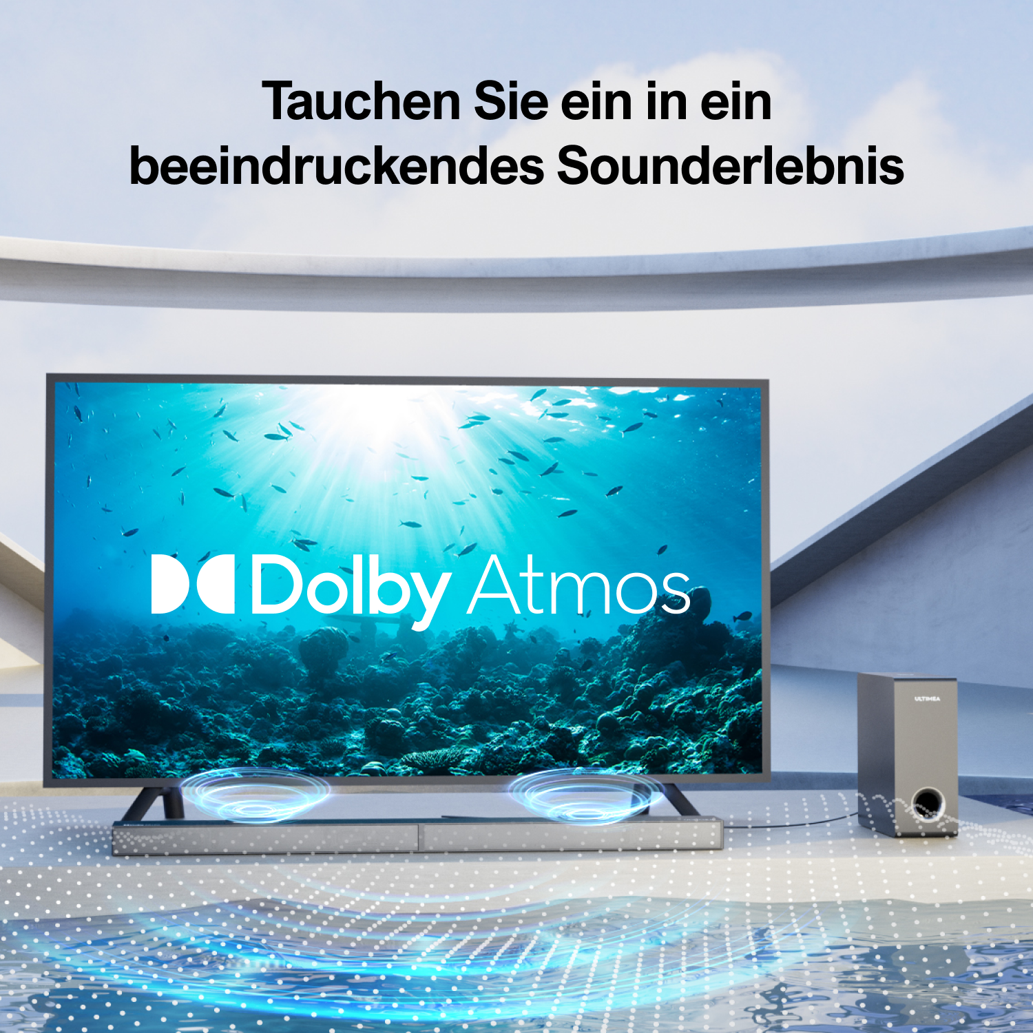 Fernseher mit Unterwasserszene, Dolby Atmos Logo und Soundbar darunter.