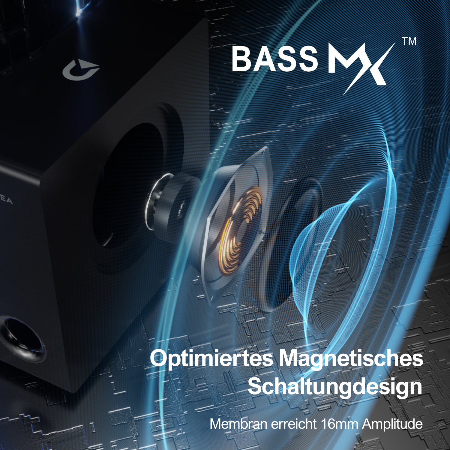 Schwarzer Lautsprecher mit metallischer Membran und dem Text 'Optimiertes Magnetisches Schaltungsdesign'.