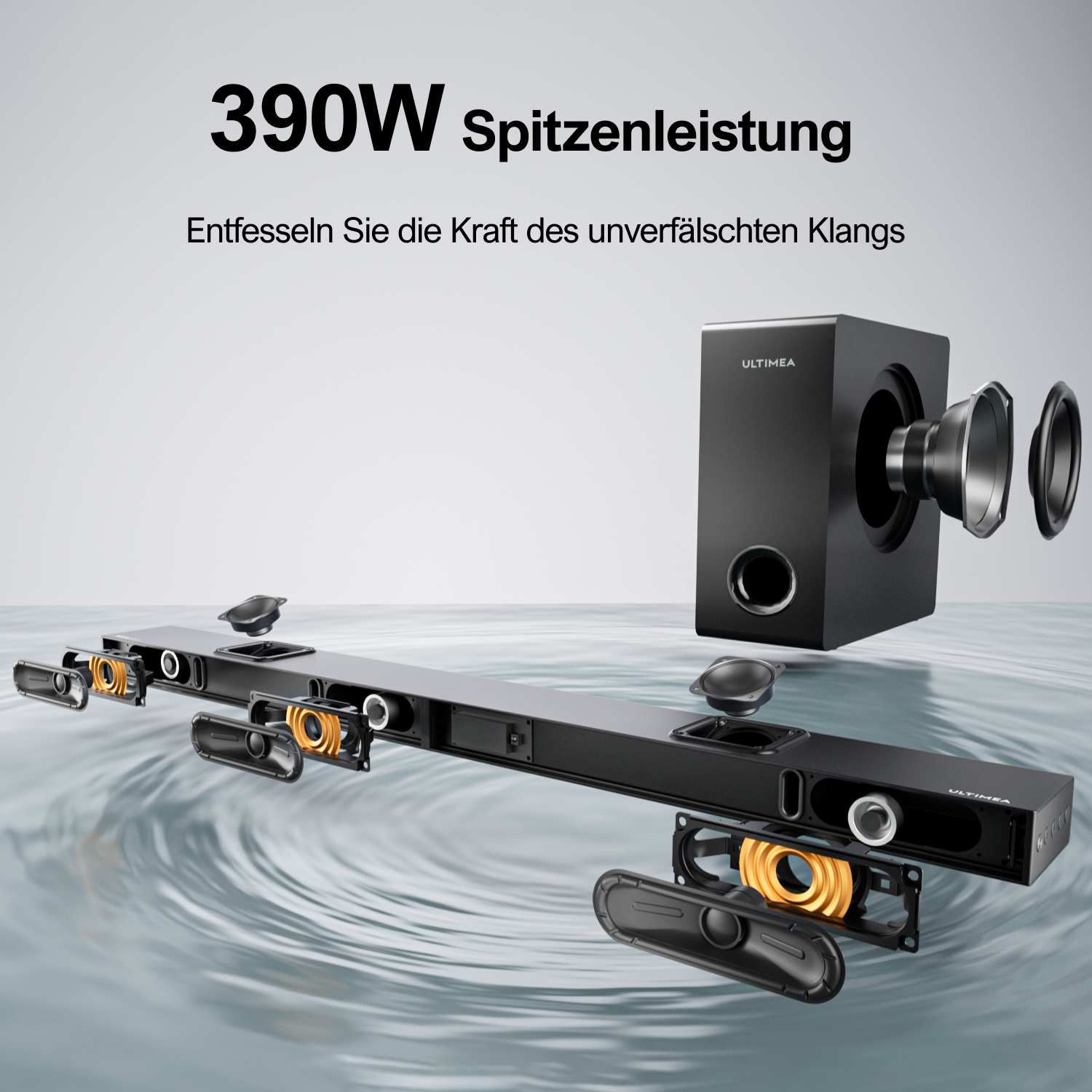 Schwarzes Soundbar- und Subwoofer-Set. Lautsprecher sind abgebildet, mit wasserähnlichem Hintergrund.