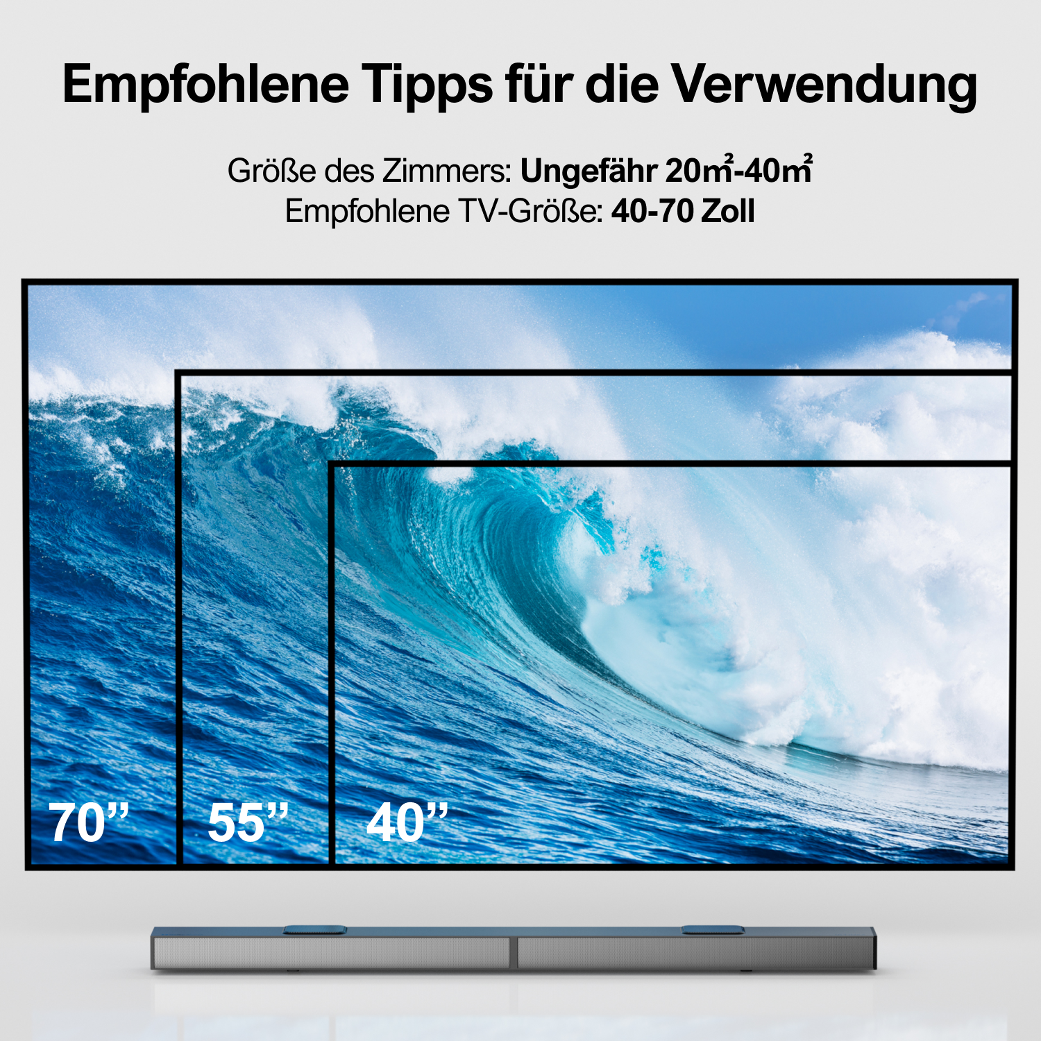 TV-Größenvergleich mit Empfehlungen. Drei Bildschirme zeigen ein Wellenbild, mit Größen 40", 55", 70".