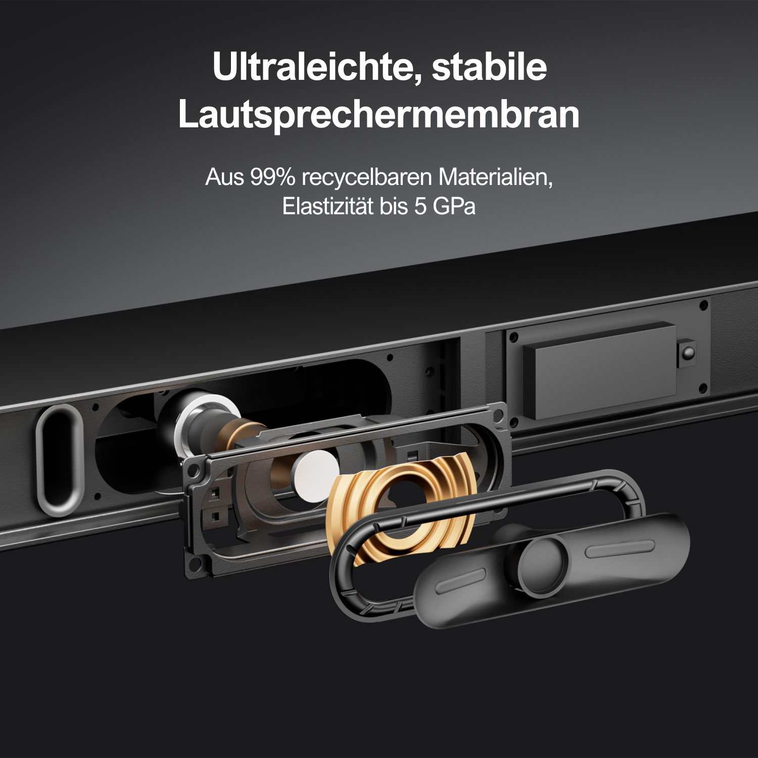 Explosionszeichnung einer Soundbar mit den inneren Lautsprechern und Komponenten.