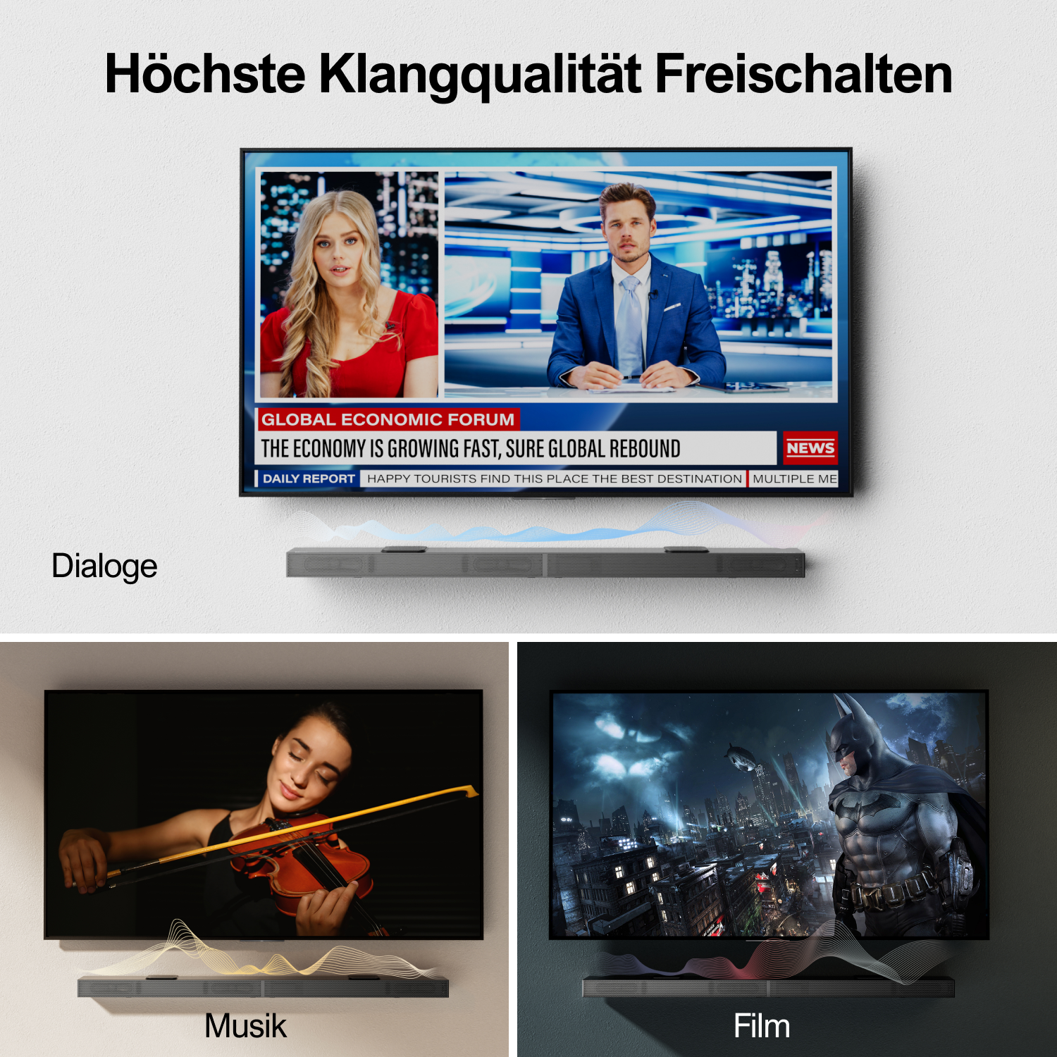 TV-Bildschirm mit Nachrichten, Soundbar darunter, Bilder von Geige und Batman.
