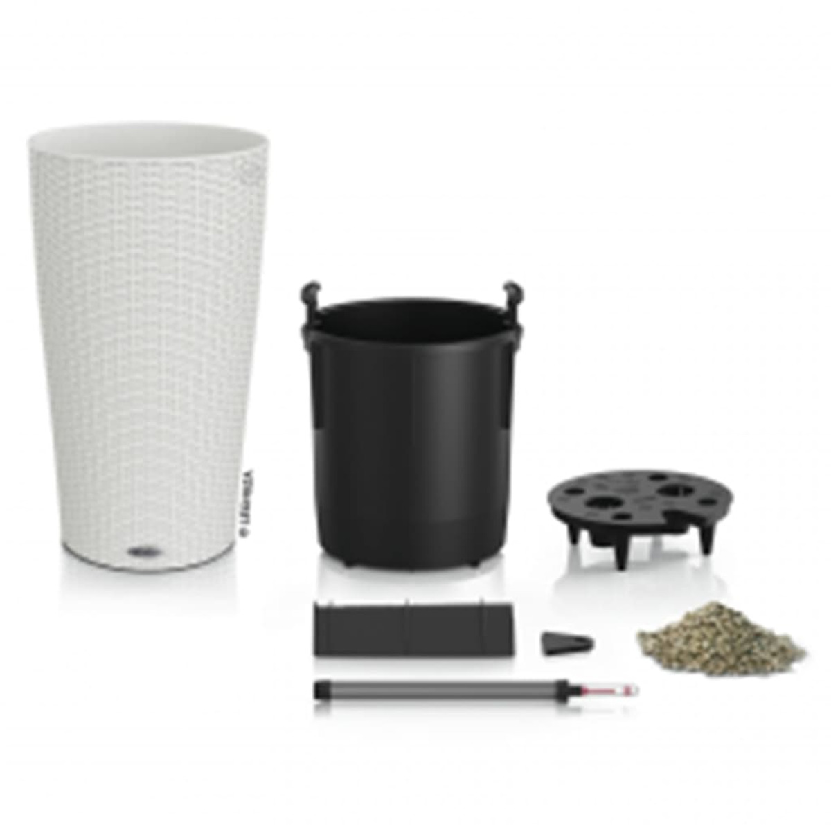 Jardinière blanche tissée avec accessoires : pot intérieur noir, plateau, gravier et indicateur de niveau d'eau.