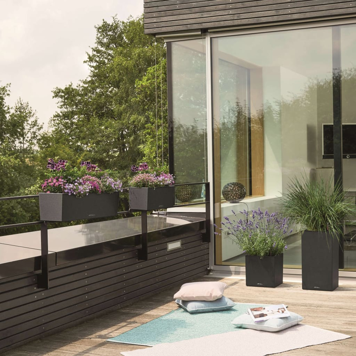 Balkon mit drei Pflanzgefäßen, Pflanzen und Kissen. Im Hintergrund Bäume und eine Glaswand.
