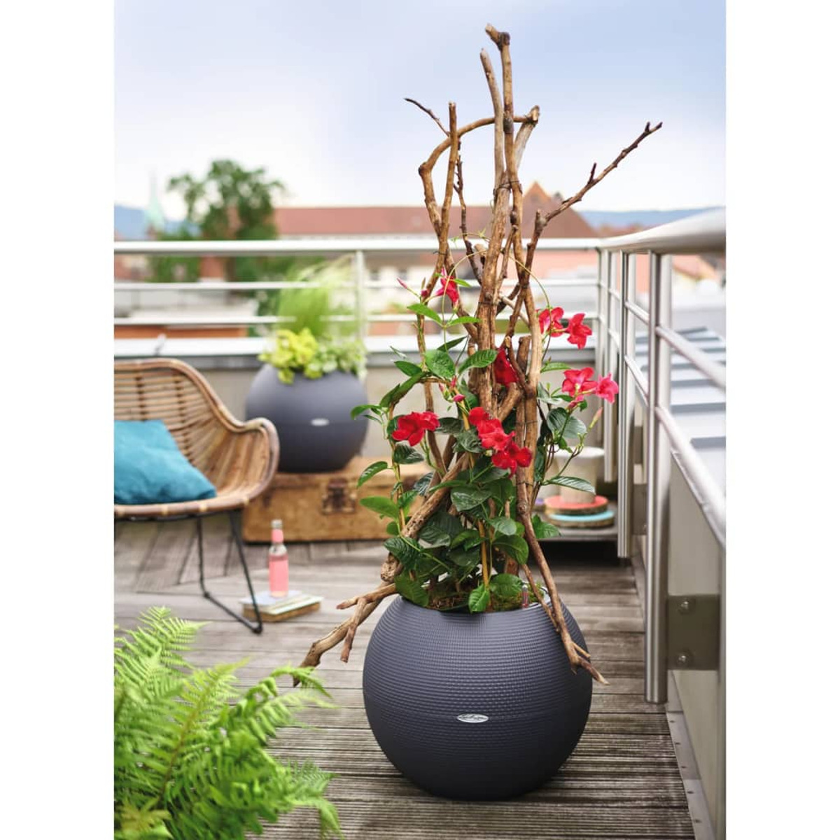 Ein runder dunkelgrauer Pflanztopf mit roten Blumen und Ästen, auf einem Balkon mit einem anderen Topf.