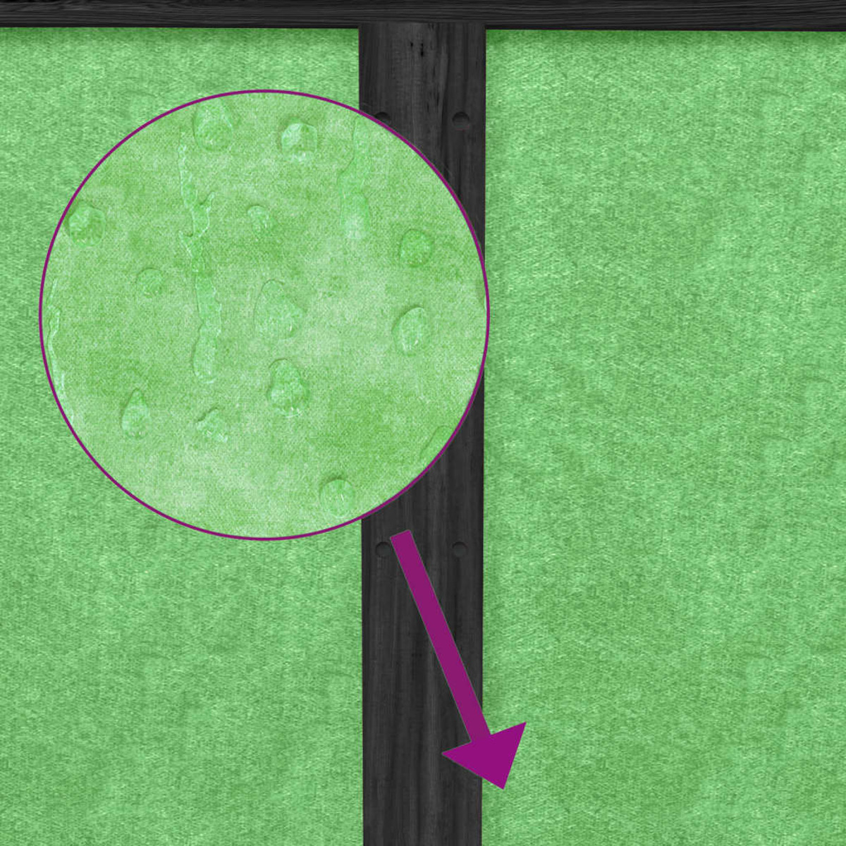 Grüner Stoff, eine vergrößerte Tröpfchen. Dunkle vertikale Holzbalken. Der Hintergrund ist ebenfalls grüner Stoff.