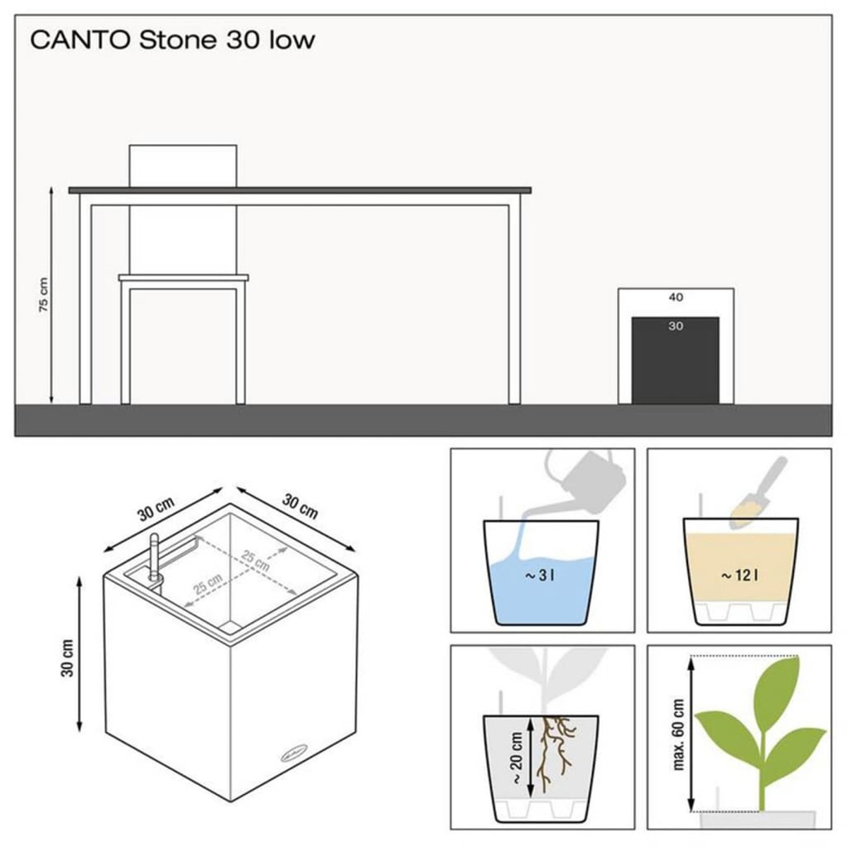 Fioriera Canto Stone 30 low. Istruzioni e dimensioni mostrate. Un tavolo e una sedia sono anche nell'illustrazione.