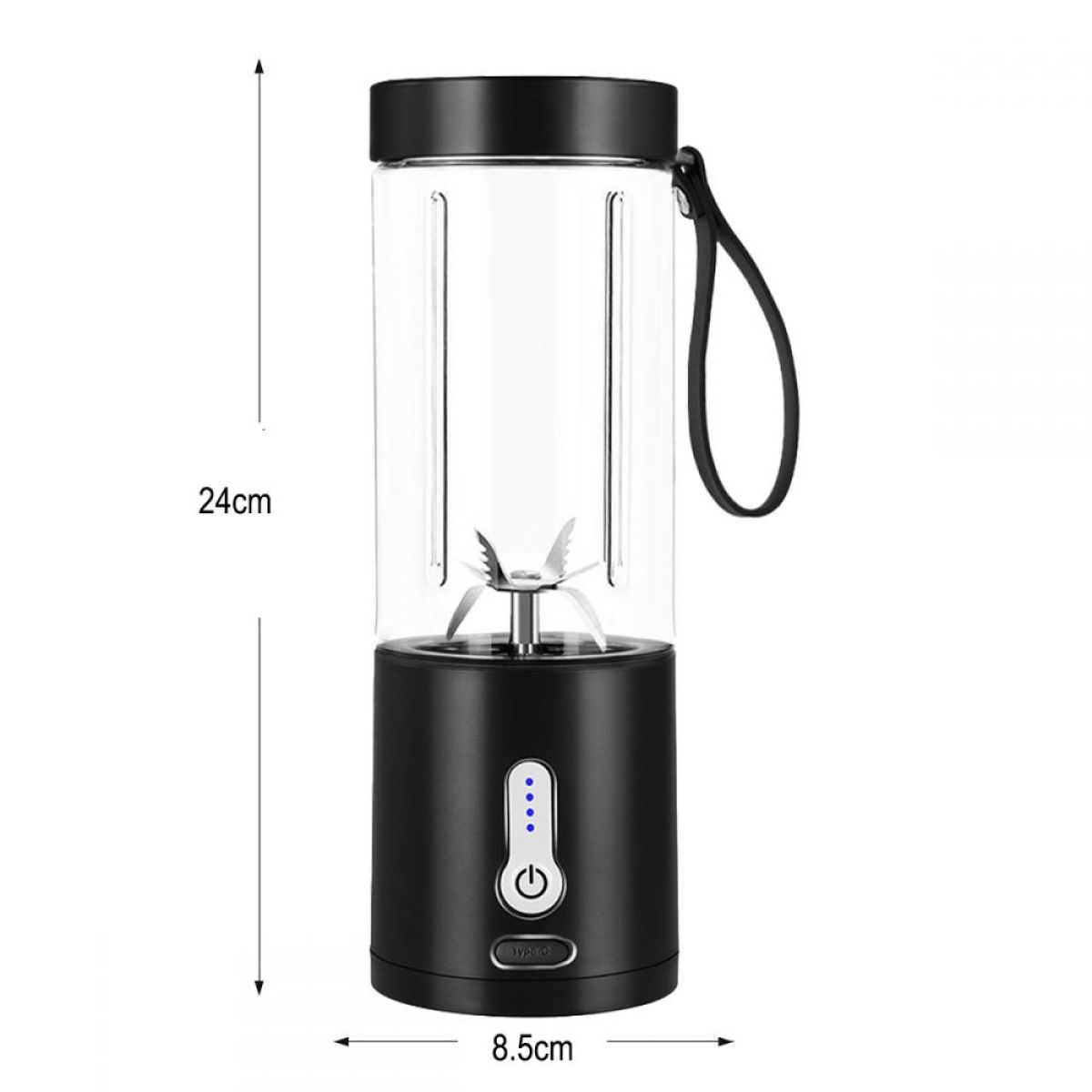 Ein tragbarer Mixer in Schwarz und Transparent mit Abmessungen wird gezeigt.