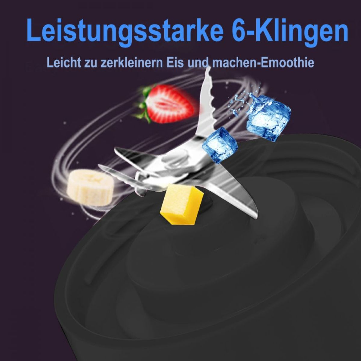 Mixer mit 6 Klingen, Erdbeeren, Eiswürfeln und Bananenscheiben.