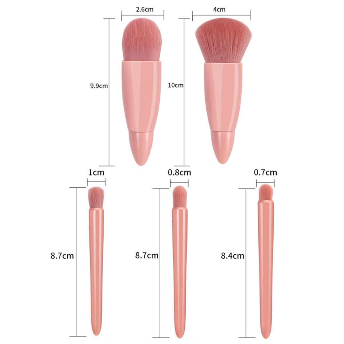 Rosa Make-up-Pinsel in verschiedenen Größen, mit Maßangaben.
