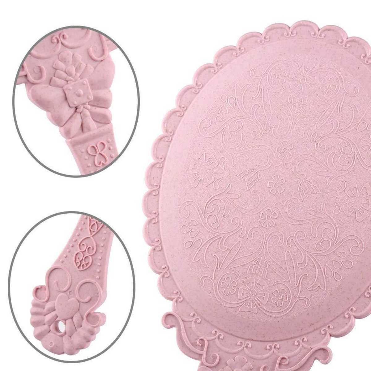 Ein rosa Zierteller mit kunstvollen Details und zwei Nahaufnahmen des Designs.