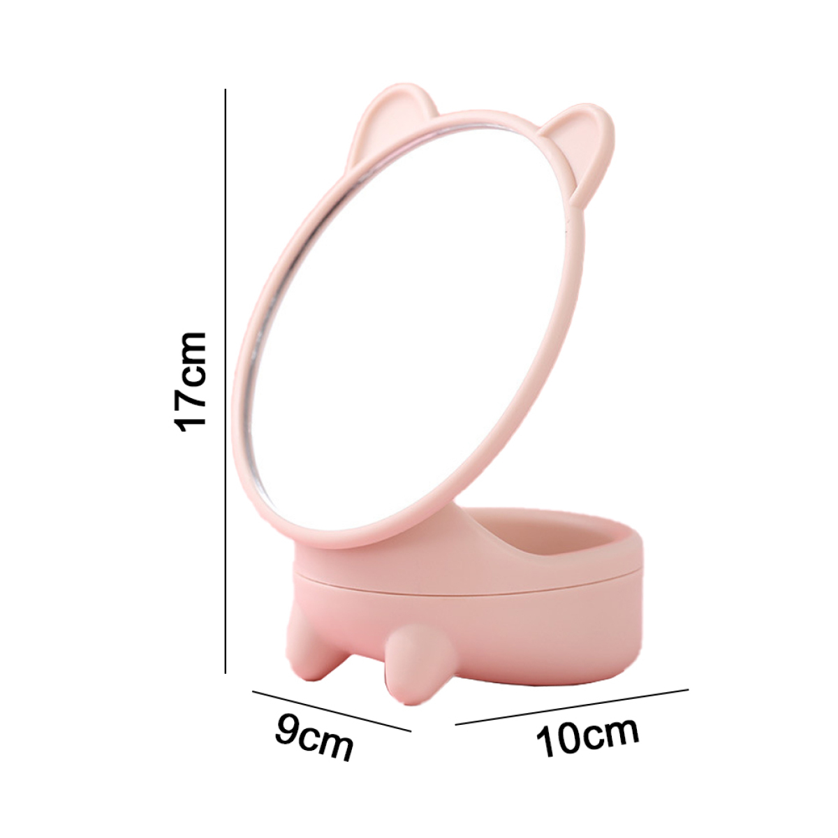 Rosa Spiegel mit Bärenohren und kleinem Sockel. Maße sind 17 cm, 9 cm und 10 cm.