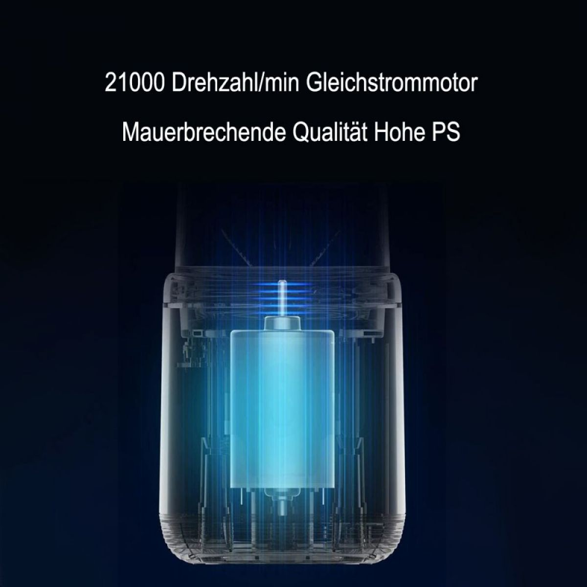 Nahaufnahme eines transparenten Elektromotors mit blauem Licht im Inneren.
