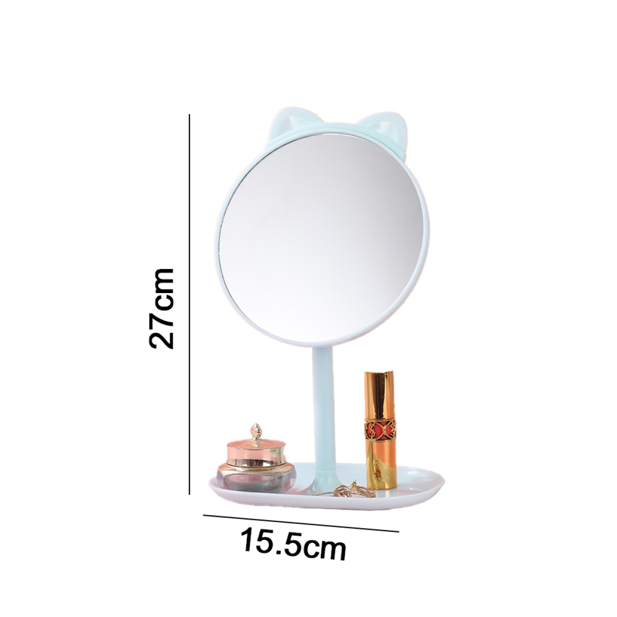 Ein Schminkspiegel mit Zubehör wie Make-up und Schmuck. Weißer Hintergrund mit Maßangaben.