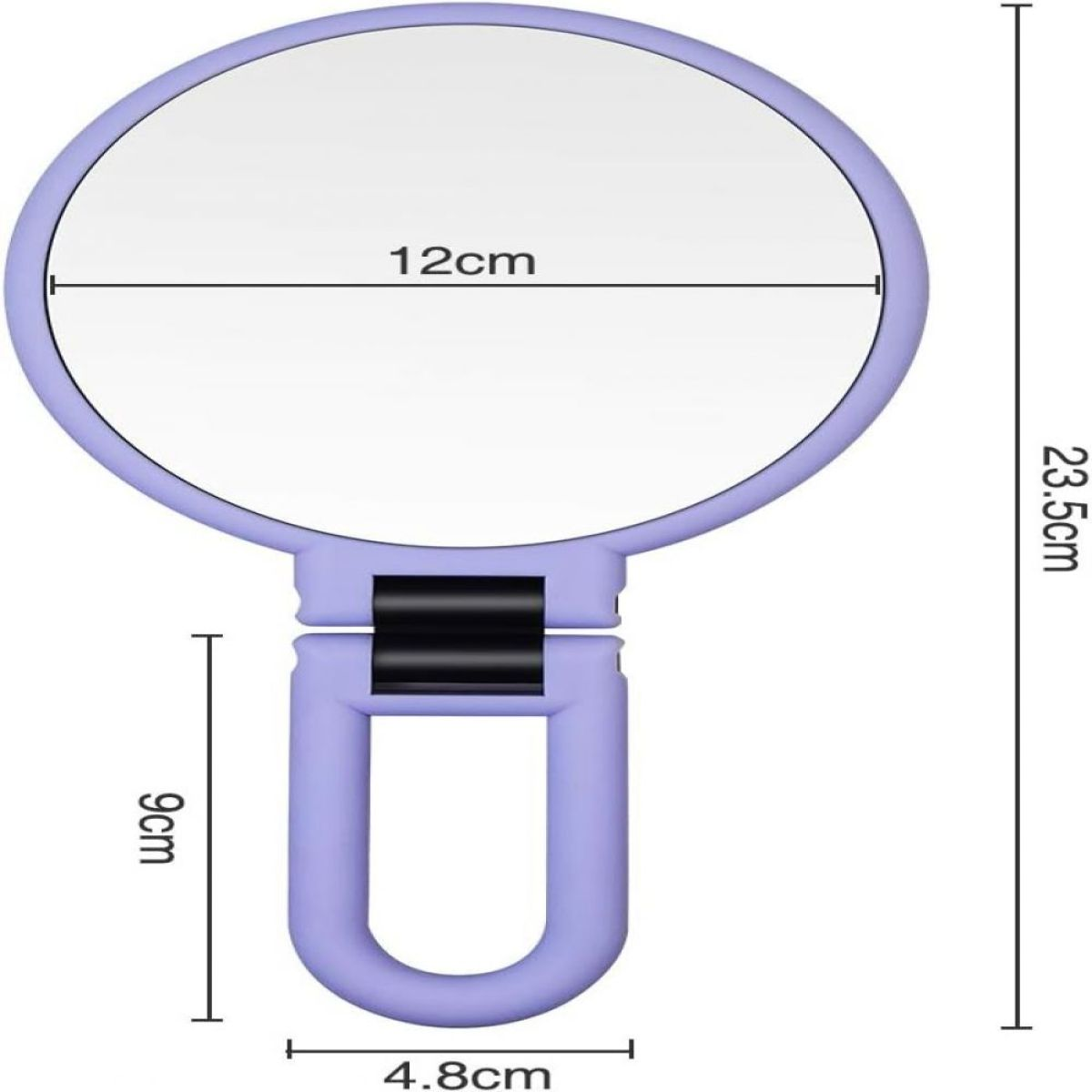 Ein hellviolett Handspiegel. Der Griff befindet sich unten. Der Spiegel ist rund und hat 12 cm Durchmesser.