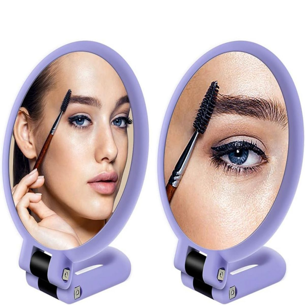 Zwei Spiegel, die das Gesicht einer Frau zeigen, die Mascara aufträgt. Lila Rahmen.