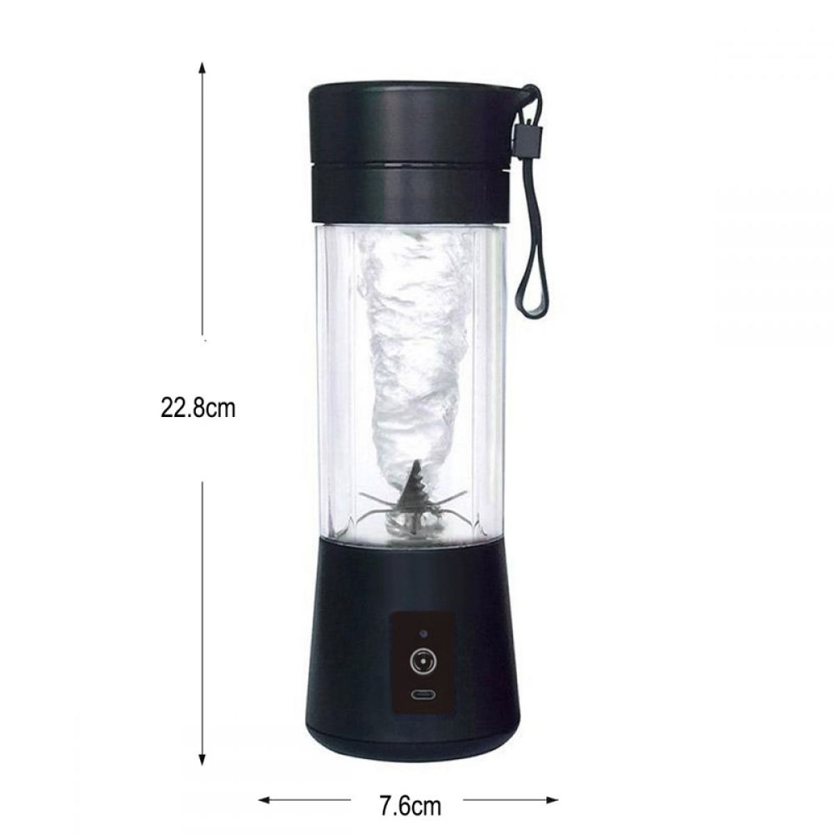 Schwarzer tragbarer Mixer mit transparentem Behälter und Maßen: 22,8 cm Höhe, 7,6 cm Breite.