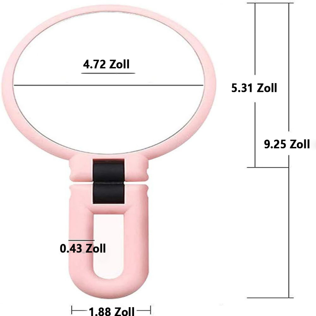 Rosa Handspiegel mit Maßen, Angaben in Zoll.