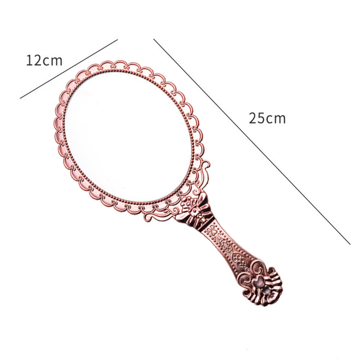 Roségoldener Handspiegel mit ovalem Spiegel und detailliertem Griff.