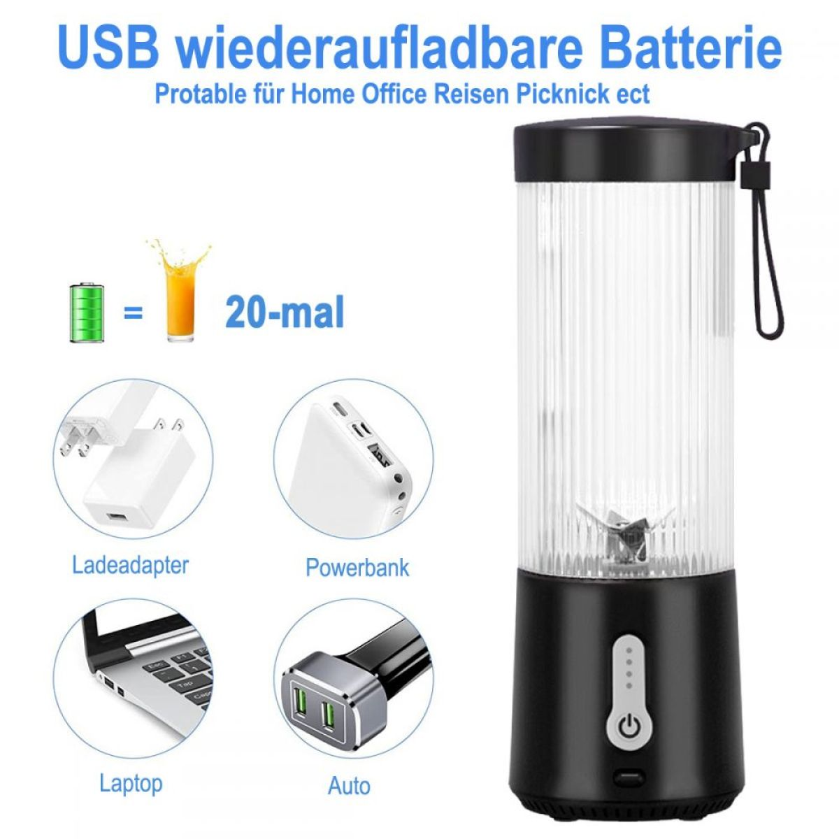 Ein tragbarer Mixer mit Zubehör, einschließlich Ladegerät, Powerbank und Adaptern, mit deutschem Text.