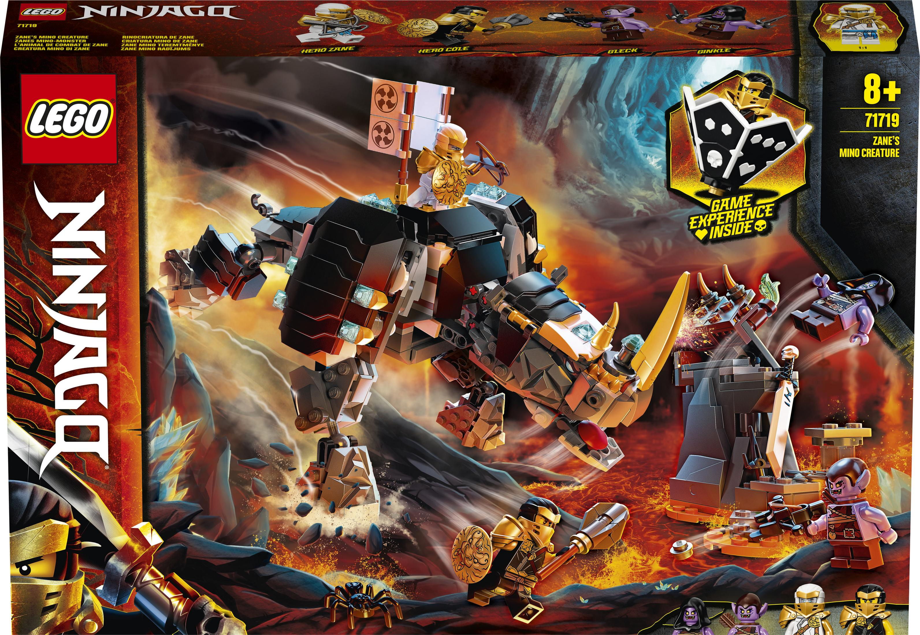 LEGO Ninjago-Box mit einem großen Bild eines drachenartigen Wesens und Minifiguren.