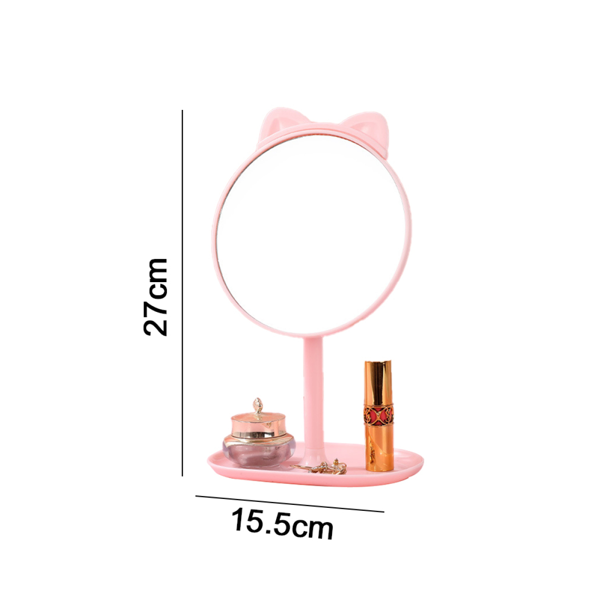 Ein rosa Schminkspiegel mit rundem Spiegel und einer kleinen Ablage. Lippenstift und ein Tiegel stehen auf der Ablage.